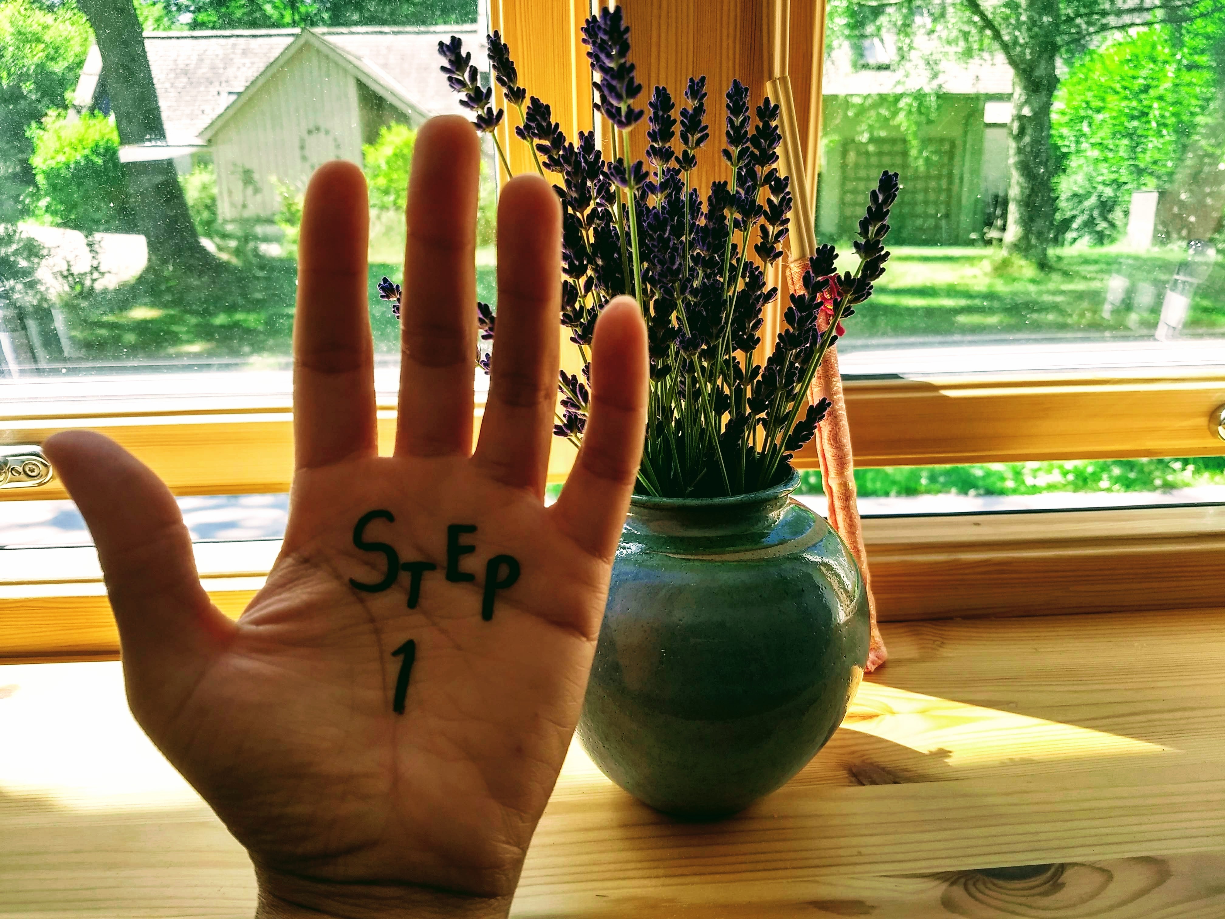 palm of the hand with the words step 1 written on it