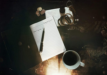 coffee and a notebook on a desk