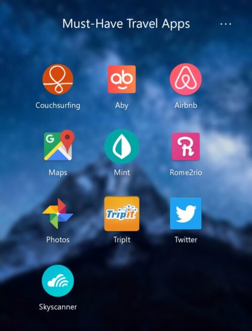 A blue screen with the icons for the best apps for your travels Couchsurfing, Aby, Airbnb, Google Maps, Mint, Rome2Rio, Google Photos, TripIt, Twitter and Skyscanner
