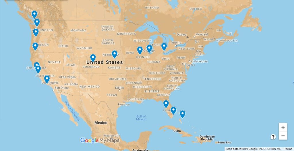 Google Map of our road trip highlighting cities in Washington, Oregon, California, Colorado, Kansas, Iowa, Illinois, Michigan, Florida and The Bahamas with the help of car hire comparison site Rentalcars.com