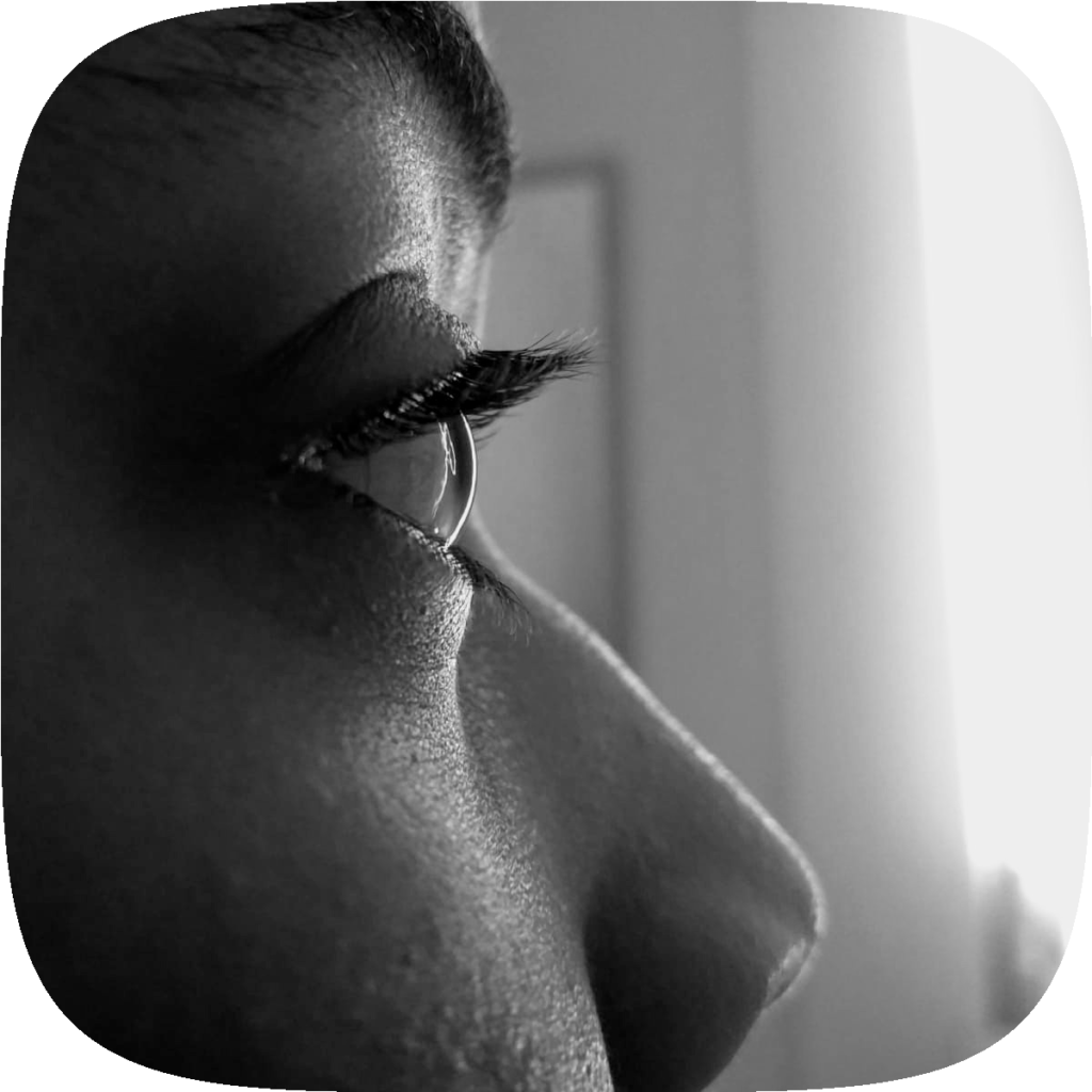 black and white photo with a close up on the profile of my eye for my post on researching your chronic illness