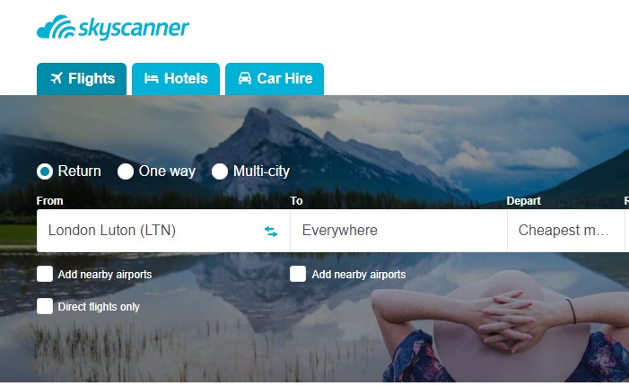 Skyscanner search Luton to everywhere