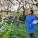 A woman in a bright blue coat is standing under a tree of cherry blossoms. She is facing the camera, smiling and looking to the left. She is travelling with ms