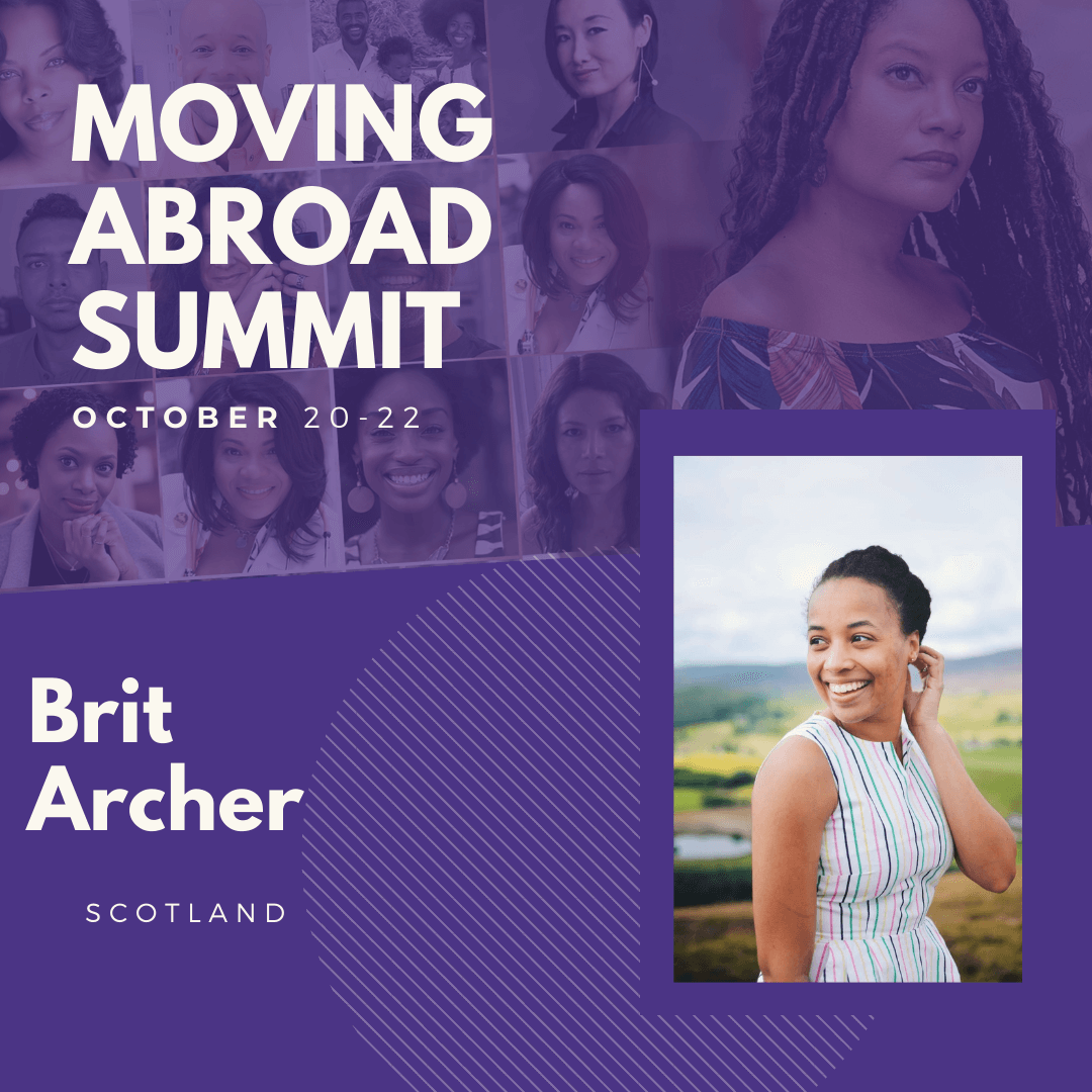 a square poster for the moving abroad summit with an image of brit in the right corner and my name, Brit Archer, in the left corner. This event featured expats living all around the world. This is the world x the travelling ms.